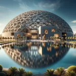 A breathtaking exterior view of the Louvre Abu Dhabi showcasing its iconic dome and modern architecture, with clear blue skies in the background a