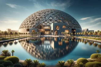 A breathtaking exterior view of the Louvre Abu Dhabi showcasing its iconic dome and modern architecture, with clear blue skies in the background a