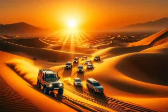 A captivating scene of a desert safari in Abu Dhabi during sunset. The image should showcase a convoy of 4x4 vehicles dune bashing, with golde