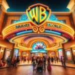 A vibrant entrance view of Warner Bros. World Abu Dhabi, showcasing the iconic Warner Bros. logo and the grand facade of the theme park. The i