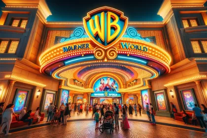 A vibrant entrance view of Warner Bros. World Abu Dhabi, showcasing the iconic Warner Bros. logo and the grand facade of the theme park. The i
