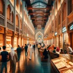 DALL·E 2023-12-04 01.43.36 - A bustling scene at Deira Gold Souk in Dubai, showcasing narrow lanes lined with traditional shops selling gold jewelry. The architecture reflects