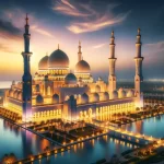 DALL·E 2023-12-04 13.43.36 - A beautiful evening view of the Sheikh Zayed Grand Mosque, illuminated by golden lights against a twilight sky. The mosque's architecture, wit