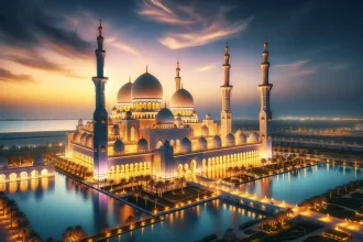 DALL·E 2023-12-04 13.43.36 - A beautiful evening view of the Sheikh Zayed Grand Mosque, illuminated by golden lights against a twilight sky. The mosque's architecture, wit