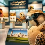 DALL·E 2023-12-04 14.07.20 - A close-up view of a falcon with its distinctive hood, perched gracefully at the Abu Dhabi Falcon Hospital. The background features informativ