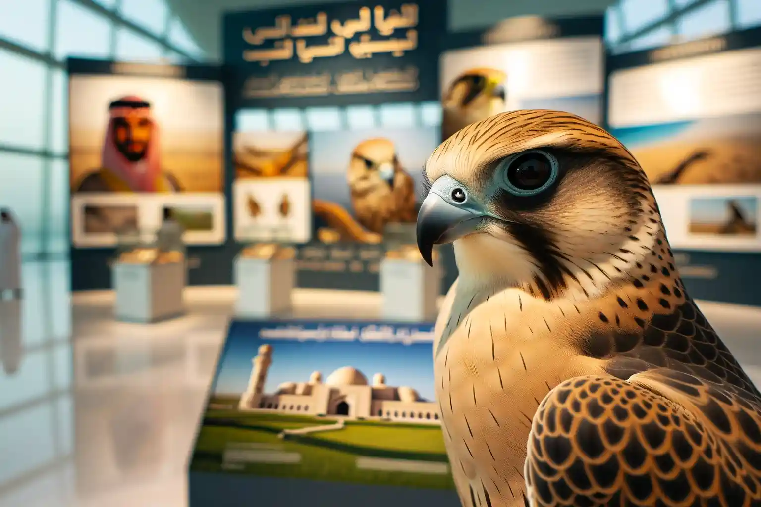 DALL·E 2023-12-04 14.07.20 - A close-up view of a falcon with its distinctive hood, perched gracefully at the Abu Dhabi Falcon Hospital. The background features informativ